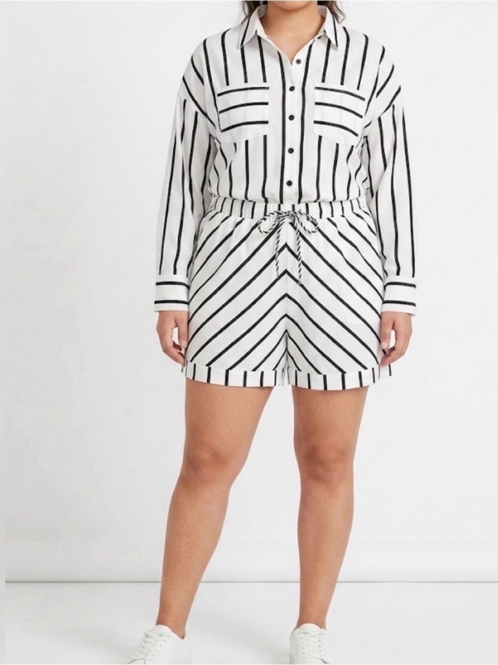 Shirt & Shorts Plus Size 1XL 2Piece Striped Set NWOT Long Sleeve Button Down(E8)
